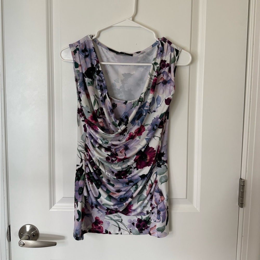 Tahari Lavender and Green Floral Sleeveless Blouse